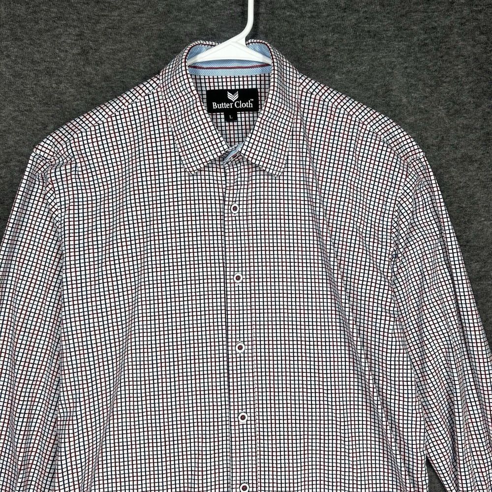 Butter Cloth Shirt Mens Large White Blue red Checked Button Up‎ Geometric Preppy - Picture 2 of 14